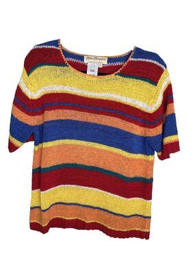 Norm Thompson Sweater Womens Large Knit Short Sleeve Pullover Rainbow Stripe